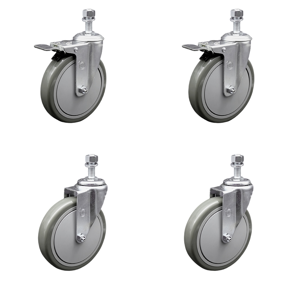Polyurethane Swivel Threaded Stem Caster Set of 4 w/6" x 1.25" Gray Wheels and 1/2" Stems - Includes 2 with Total Locking Brake - 1400 lbs Total Capacity - Service Caster Brand — photo 1