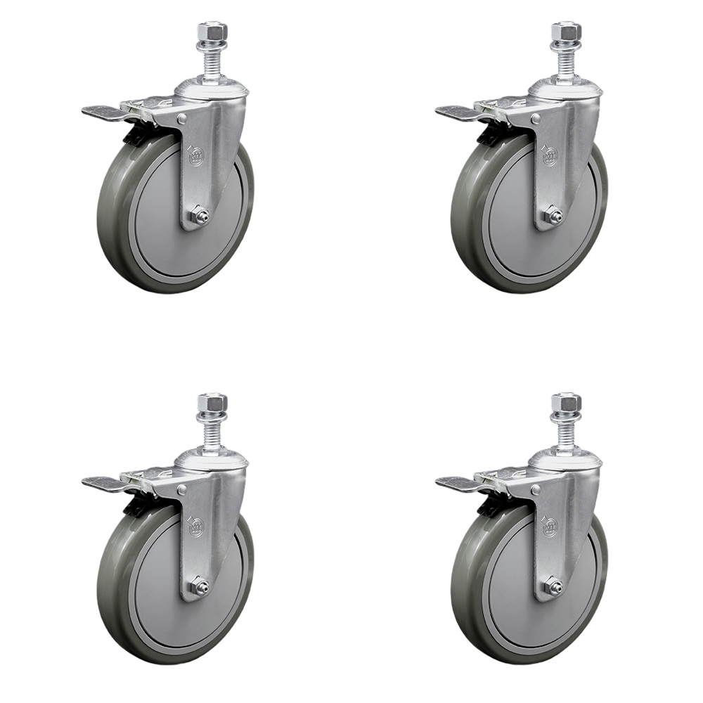 Polyurethane Swivel Threaded Stem Caster Set of 4 w/6" x 1.25" Gray Wheels and 1/2" Stems - Includes 4 with Total Lock Brakes - 1400 lbs Total Capacity - Service Caster Brand — photo 1