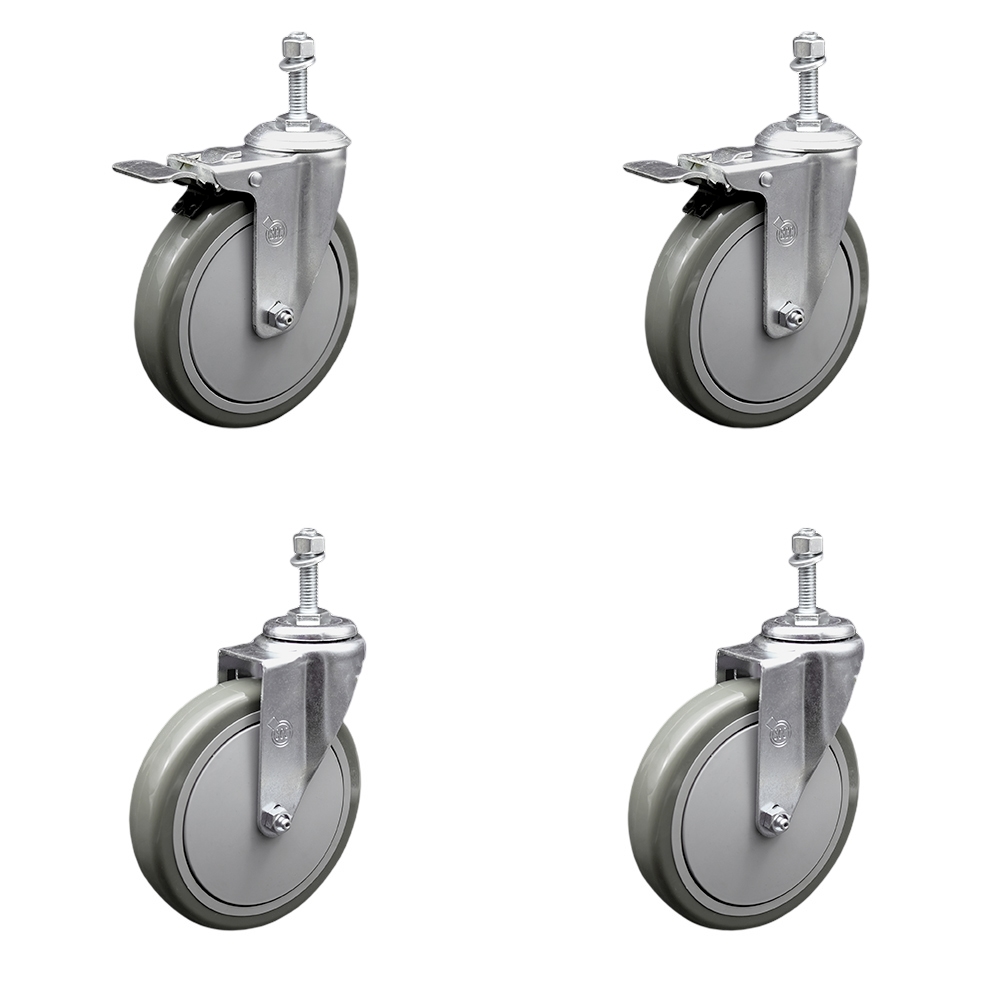 Polyurethane Swivel Threaded Stem Caster Set of 4 w/6" x 1.25" Gray Wheels and 3/8" Stems - Includes 2 with Total Locking Brake - 1400 lbs Total Capacity - Service Caster Brand — photo 1