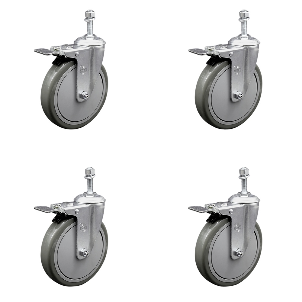 Polyurethane Swivel Threaded Stem Caster Set of 4 w/6" x 1.25" Gray Wheels and 3/8" Stems - Includes 4 with Total Lock Brakes - 1400 lbs Total Capacity - Service Caster Brand — photo 1