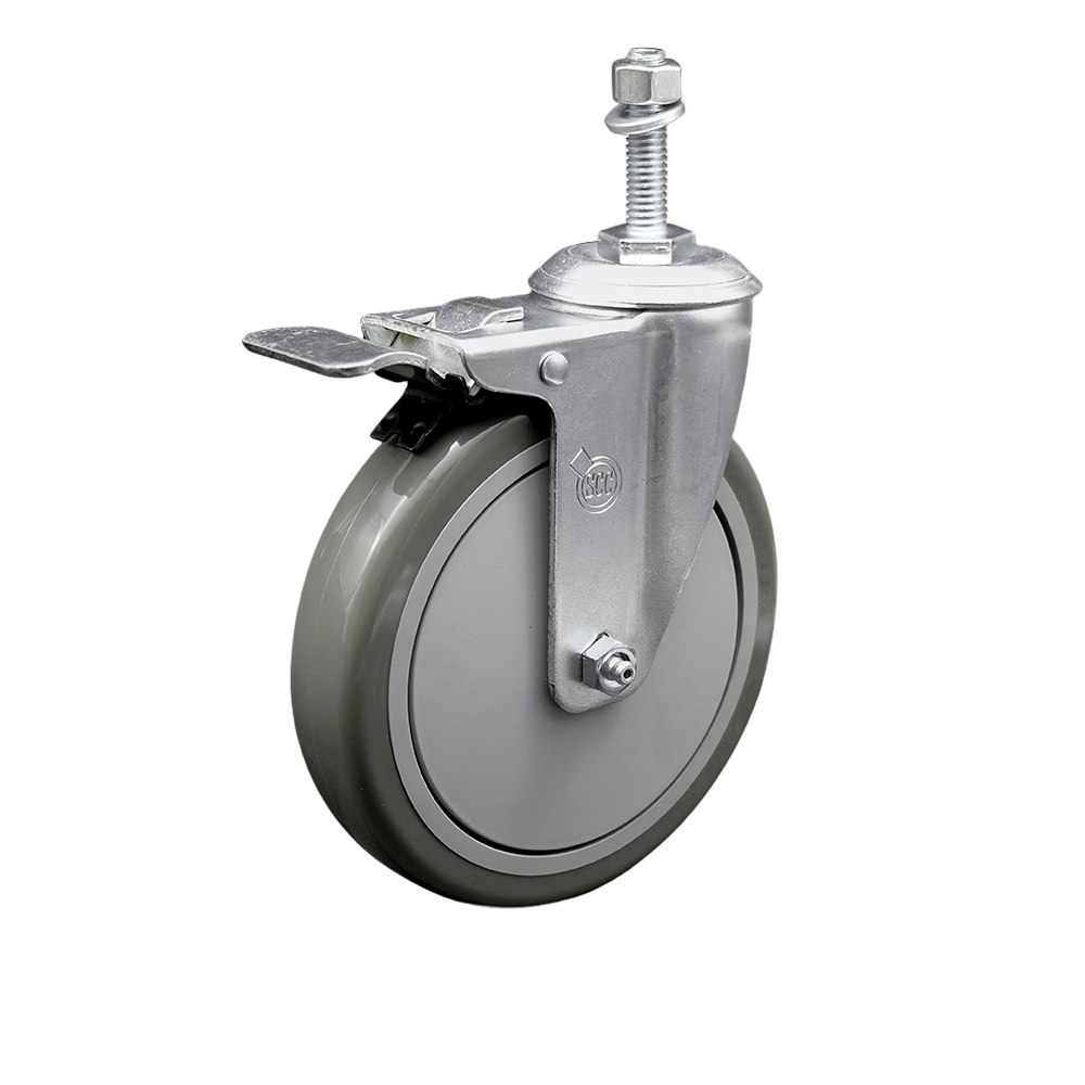 Polyurethane Swivel Threaded Stem Caster w/6" x 1.25" Gray Wheel and 3/8" Stem & Total Locking Brake - 350 lbs Capacity/Caster - Service Caster Brand — photo 1