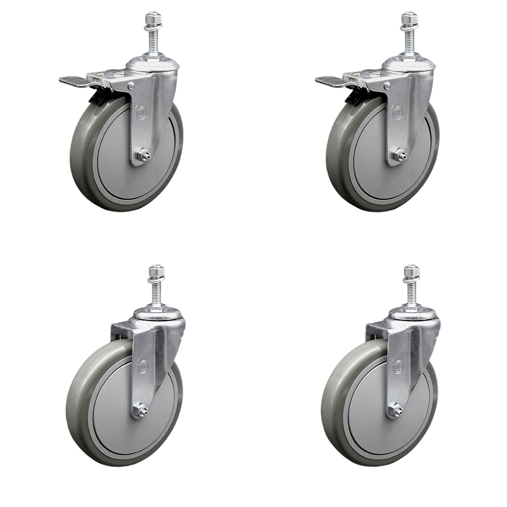 Polyurethane Swivel Threaded Stem Caster Set of 4 w/6" x 1.25" Gray Wheels and 10mm Stems - Includes 2 with Total Locking Brake - 1400 lbs Total Capacity - Service Caster Brand — photo 1