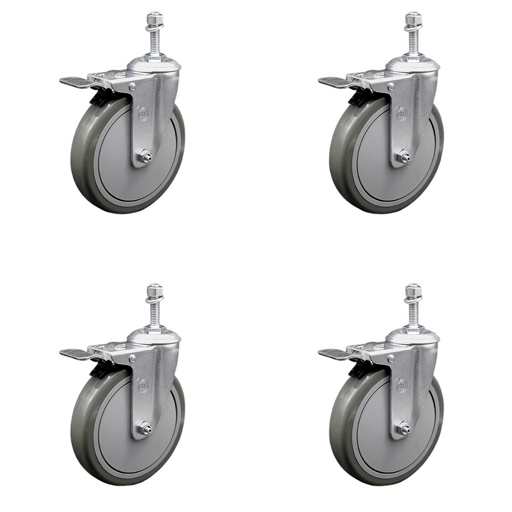 Polyurethane Swivel Threaded Stem Caster Set of 4 w/6" x 1.25" Gray Wheels and 10mm Stems - Includes 4 with Total Lock Brakes - 1400 lbs Total Capacity - Service Caster Brand — photo 1