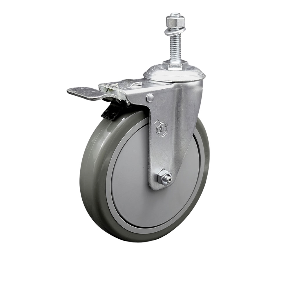 Polyurethane Swivel Threaded Stem Caster w/6" x 1.25" Gray Wheel and 10mm Stem & Total Locking Brake - 350 lbs Capacity/Caster - Service Caster Brand — photo 1