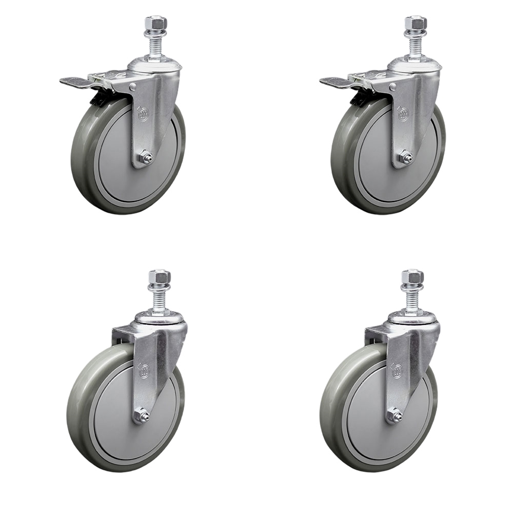 Polyurethane Swivel Threaded Stem Caster Set of 4 w/6" x 1.25" Gray Wheels and 12mm Stems - Includes 2 with Total Locking Brake - 1400 lbs Total Capacity - Service Caster Brand — photo 1