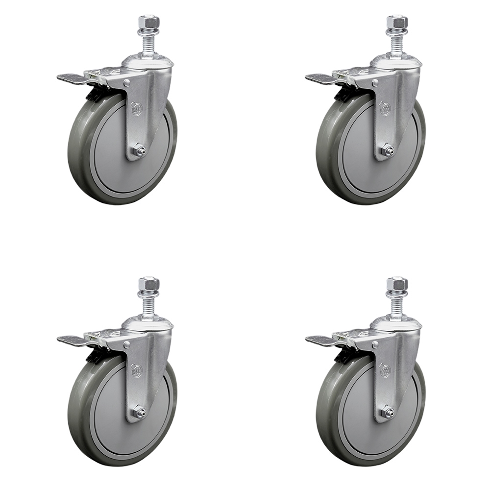 Polyurethane Swivel Threaded Stem Caster Set of 4 w/6" x 1.25" Gray Wheels and 12mm Stems - Includes 4 with Total Lock Brakes - 1400 lbs Total Capacity - Service Caster Brand — photo 1