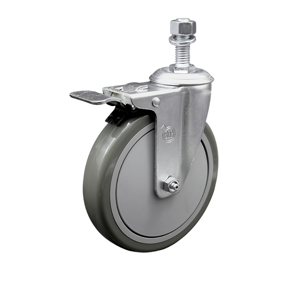 Polyurethane Swivel Threaded Stem Caster w/6" x 1.25" Gray Wheel and 12mm Stem & Total Locking Brake - 350 lbs Capacity/Caster - Service Caster Brand — photo 1