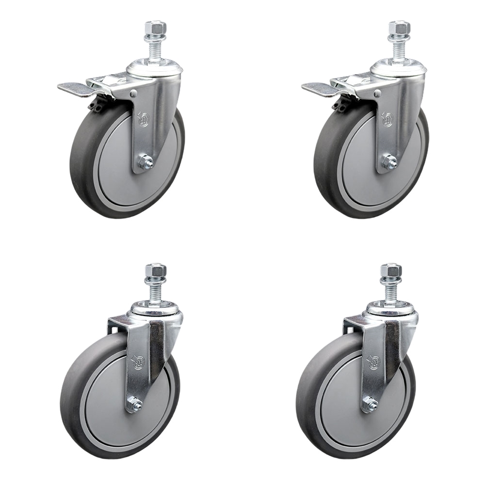 Thermoplastic Rubber Swivel Threaded Stem Caster Set of 4 - 6" X 1.25" Gray Wheels and 1/2" Stems - Includes 2 with Total Locking Brake - 1,200 lbs Total Capacity - Service Caster Brand — photo 1