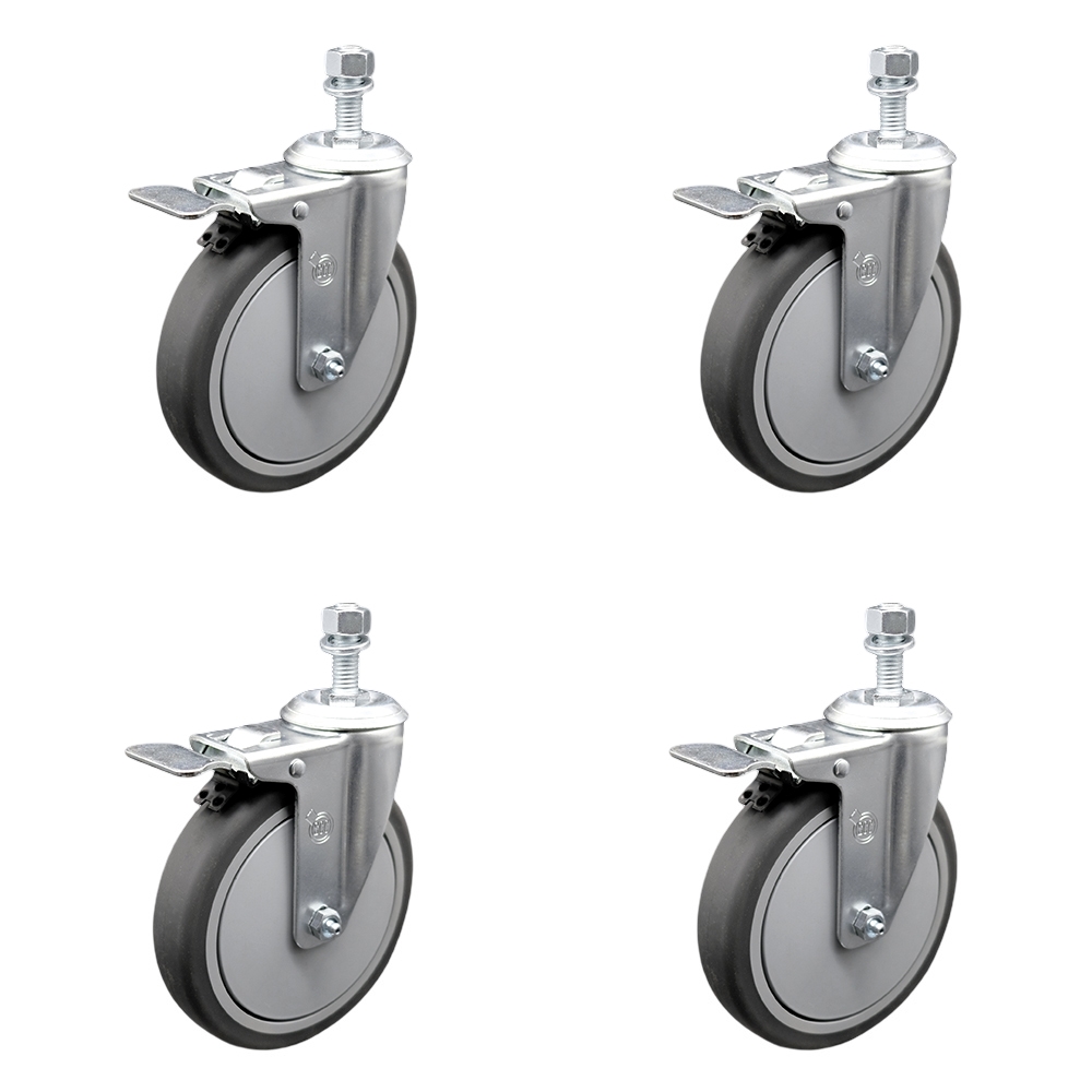Thermoplastic Rubber Swivel Threaded Stem Caster Set of 4 w/6" x 1.25" Gray Wheels and 1/2" Stems - Includes 4 with Total Lock Brakes - 1200 lbs Total Capacity - Service Caster Brand — photo 1
