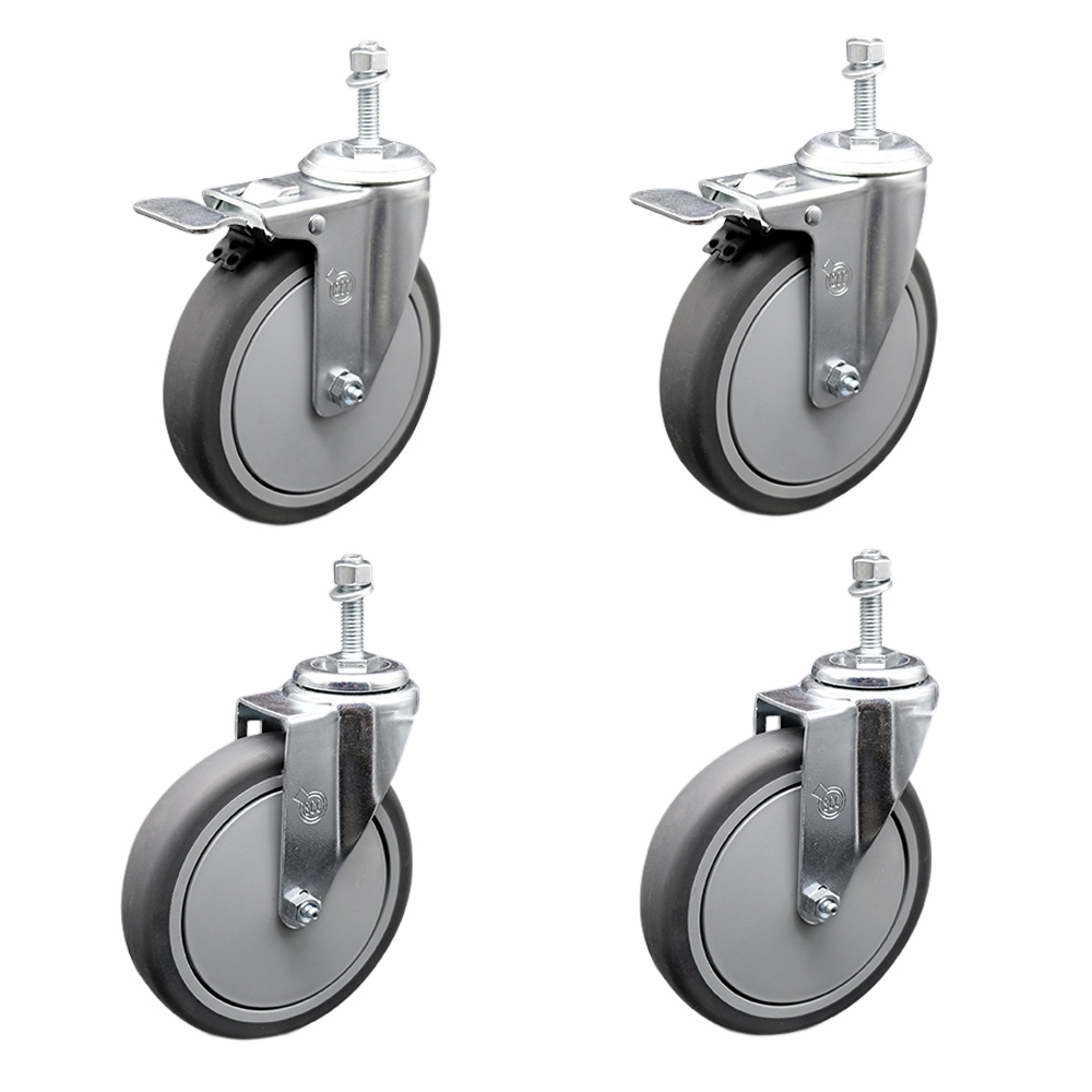 Thermoplastic Rubber Swivel Threaded Stem Caster Set of 4 - 6" X 1.25" Gray Wheels and 3/8" Stems - Includes 2 with Total Locking Brake - 1,200 lbs Total Capacity - Service Caster Brand — photo 1