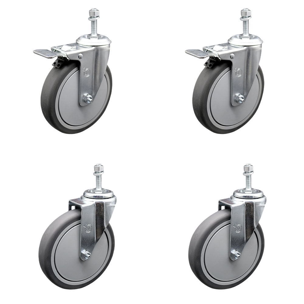 Thermoplastic Rubber Swivel Threaded Stem Caster Set of 4 - 6" X 1.25" Gray Wheels and 10MM Stems - Includes 2 with Total Locking Brake - 1,200 lbs Total Capacity - Service Caster Brand — photo 1
