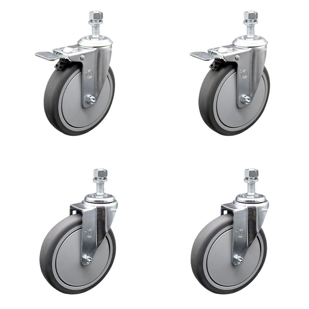 Thermoplastic Rubber Swivel Threaded Stem Caster Set of 4 - 6" X 1.25" Gray Wheels and 12MM Stems - Includes 2 with Total Locking Brake - 1,200 lbs Total Capacity - Service Caster Brand — photo 1