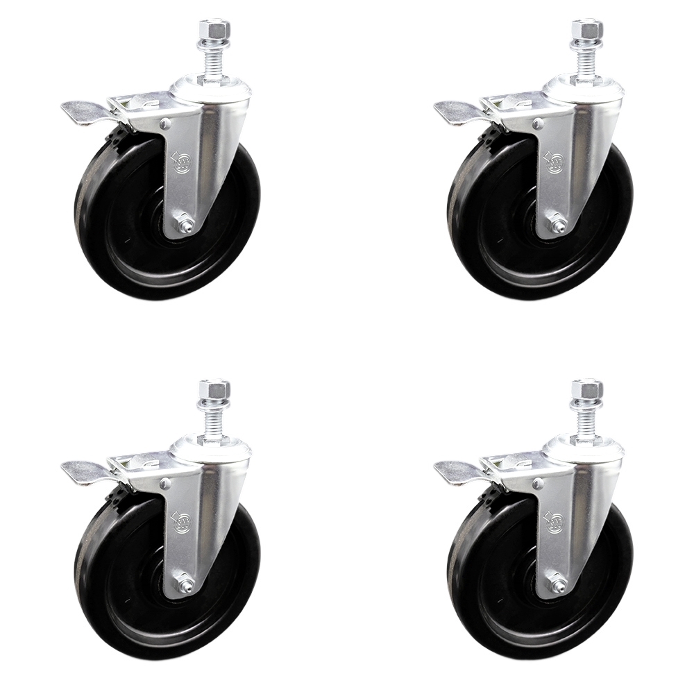 Phenolic Swivel Threaded Stem Caster w/Roller Bearing Set of 4 w/6" x 1.5" Black Wheels and 1/2" Stems - Includes 4 with Total Lock Brakes - 1200 lbs Total Capacity - Service Caster Brand — photo 1