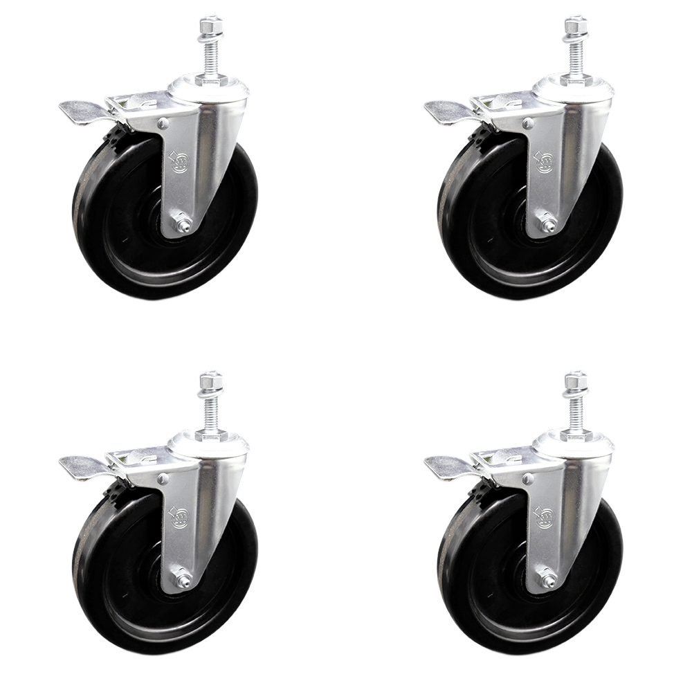 Phenolic Swivel Threaded Stem Caster w/Roller Bearing Set of 4 w/6" x 1.5" Black Wheels and 3/8" Stems - Includes 4 with Total Lock Brakes - 1200 lbs Total Capacity - Service Caster Brand — photo 1