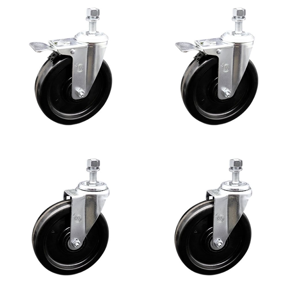 Phenolic Swivel Threaded Stem Caster Set of 4 w/Roller Bearing - 6" X 1.5" Black Wheels and 10MM Stems - Includes 2 with Total Locking Brake - 1200 lbs Total Capacity - Service Caster Brand — photo 1