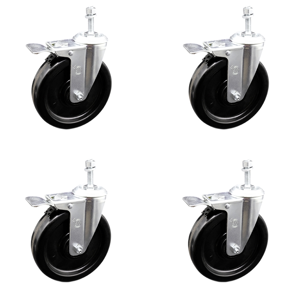 Phenolic Swivel Threaded Stem Caster w/Roller Bearing Set of 4 w/6" x 1.5" Black Wheels and 10mm Stems - Includes 4 with Total Lock Brakes - 1200 lbs Total Capacity - Service Caster Brand — photo 1