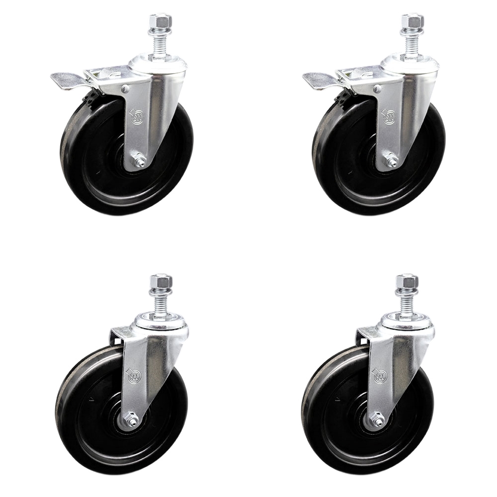 Phenolic Swivel Threaded Stem Caster Set of 4 w/Roller Bearing - 6" X 1.5" Black Wheels and 12MM Stems - Includes 2 with Total Locking Brake - 1200 lbs Total Capacity - Service Caster Brand — photo 1