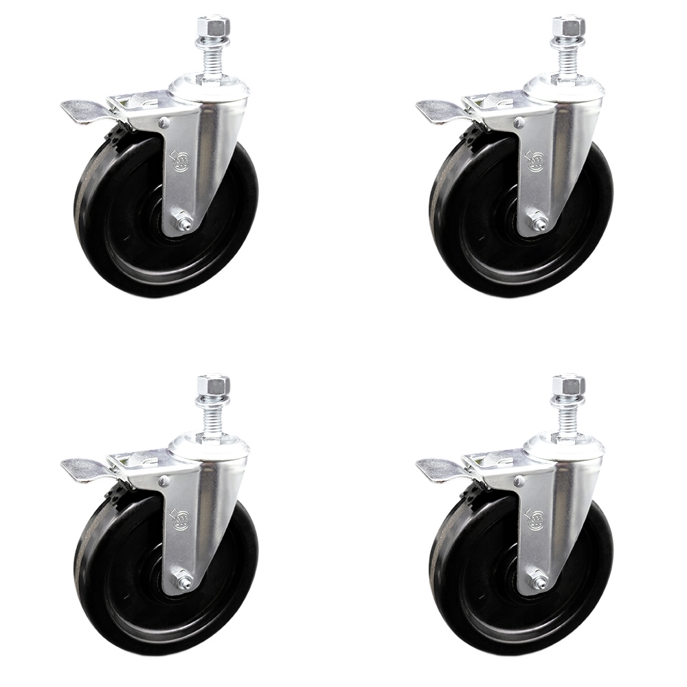 Phenolic Swivel Threaded Stem Caster w/Roller Bearing Set of 4 w/6" x 1.5" Black Wheels and 12mm Stems - Includes 4 with Total Lock Brakes - 1200 lbs Total Capacity - Service Caster Brand — photo 1