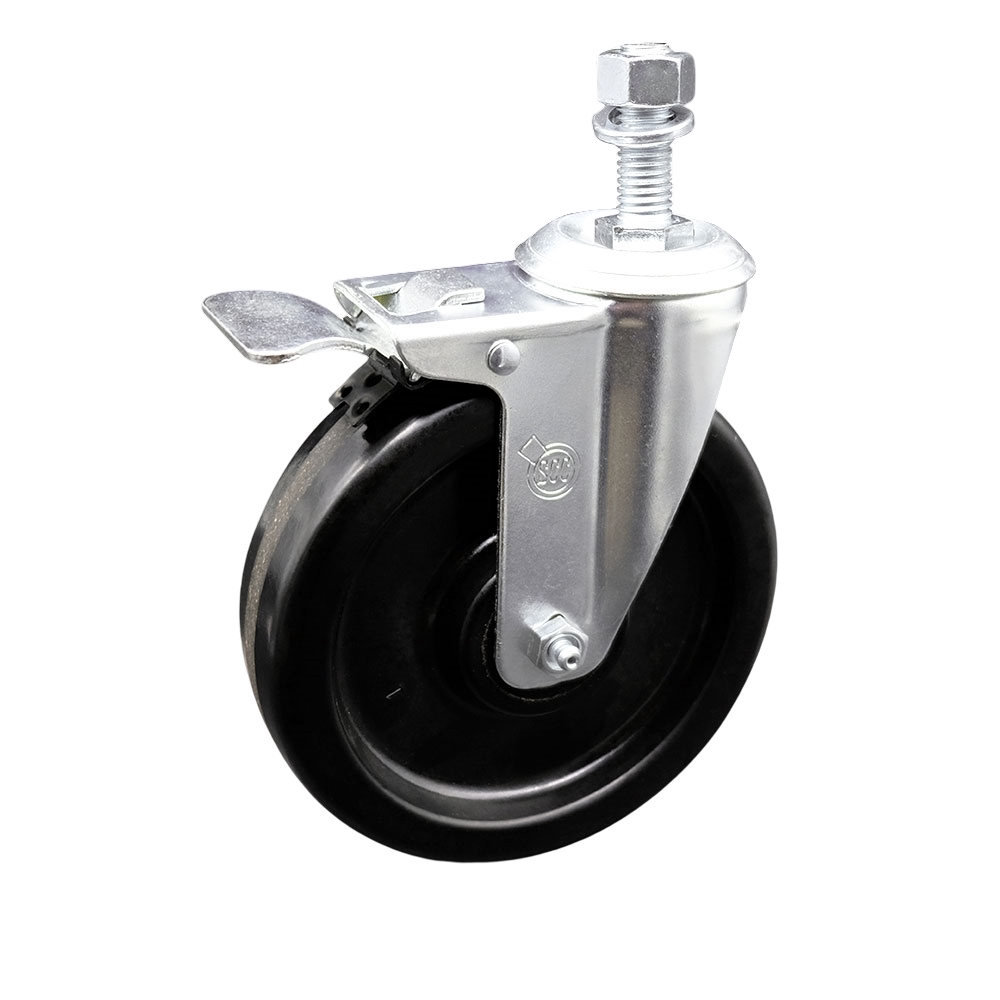 Phenolic Swivel Threaded Stem Caster w/Roller Bearing - 6" X 1.5" Black Wheel and 12MM Stem & Total Locking Brake - 300 lbs Capacity/Caster - Service Caster Brand — photo 1