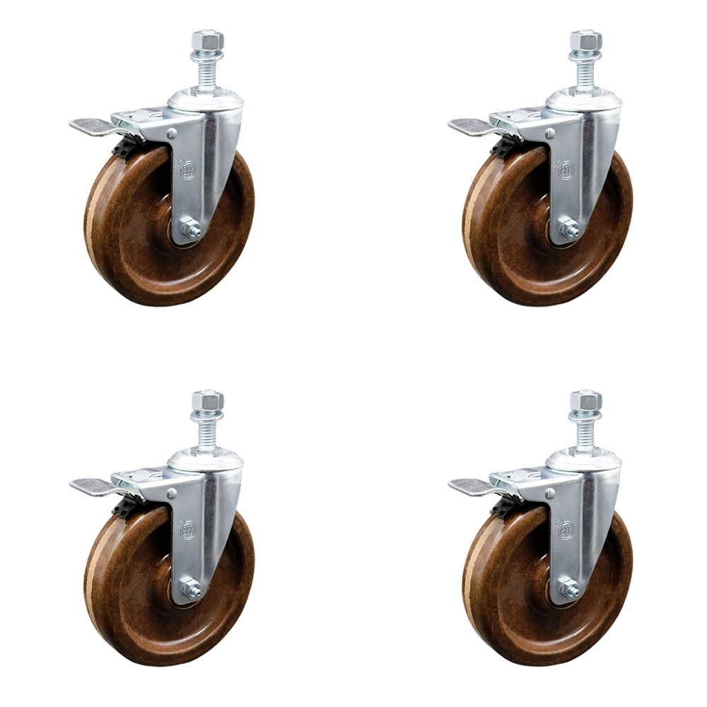 High Temperature Phenolic Swivel Threaded Stem Caster Set of 4 w/6" x 1.5" Brown Wheels and 1/2" Stems - Includes 4 with Total Lock Brakes - 1200 lbs Total Capacity - Service Caster Brand — photo 1