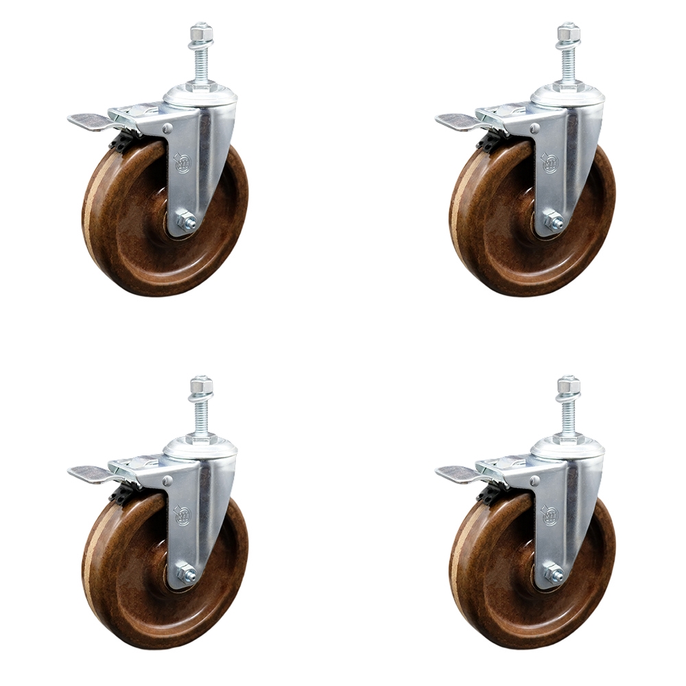 High Temperature Phenolic Swivel Threaded Stem Caster Set of 4 w/6" x 1.5" Brown Wheels and 3/8" Stems - Includes 4 with Total Lock Brakes - 1200 lbs Total Capacity - Service Caster Brand — photo 1
