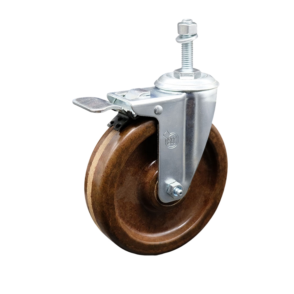 High Temperature Phenolic Swivel Threaded Stem Caster w/Roller Bearing - 6" x 1.5" Brown Wheel and 3/8" Stem & Total Locking Brake - 300 lbs Capacity/Caster - Service Caster Brand — photo 1