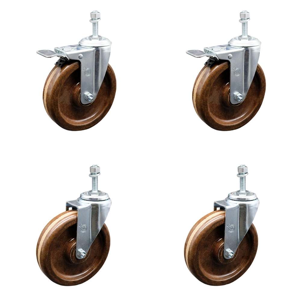 High Temperature Phenolic Swivel Threaded Stem Caster Set 4 w/Roller Bearing- 6" x 1.5" Brown Wheels & 10MM Metric Stems-Includes 2 with Total Locking Brake-1200lbs Total Capacity-Service Caster Brand — photo 1