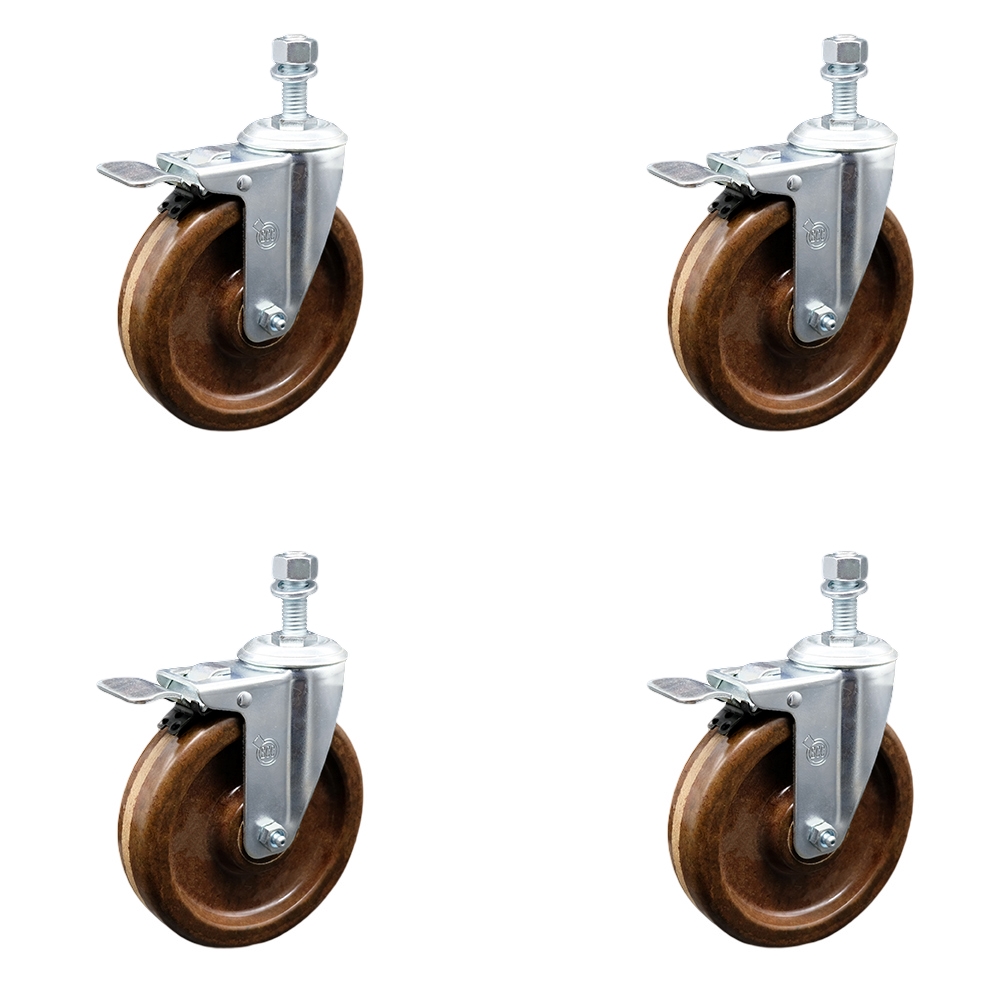 High Temperature Phenolic Swivel Threaded Stem Caster Set of 4 w/6" x 1.5" Brown Wheels and 10mm Stems - Includes 4 with Total Lock Brakes - 1200 lbs Total Capacity - Service Caster Brand — photo 1