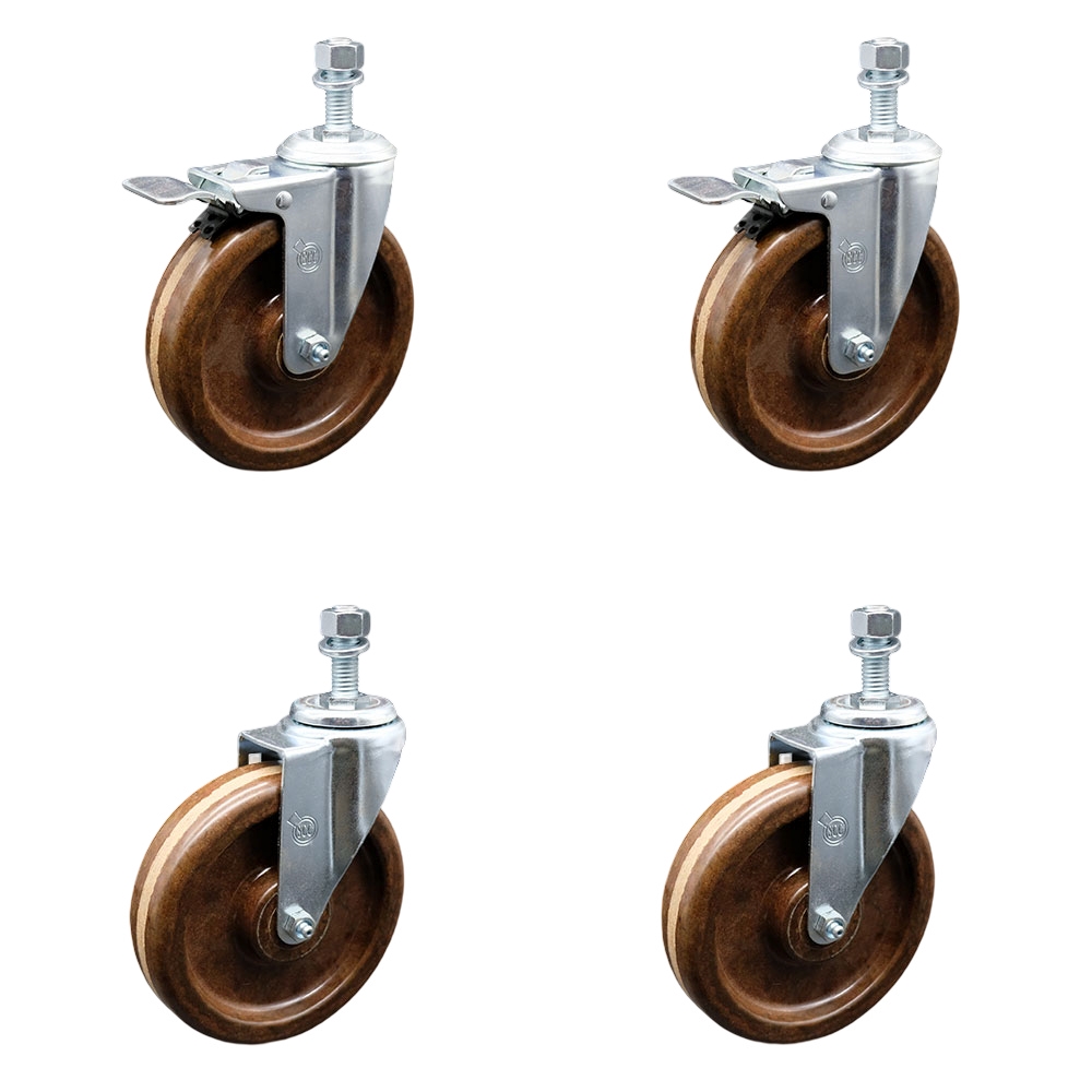 High Temperature Phenolic Swivel Threaded Stem Caster Set 4 w/Roller Bearing- 6" x 1.5" Brown Wheels & 12MM Metric Stems-Includes 2 with Total Locking Brake-1200lbs Total Capacity-Service Caster Brand — photo 1