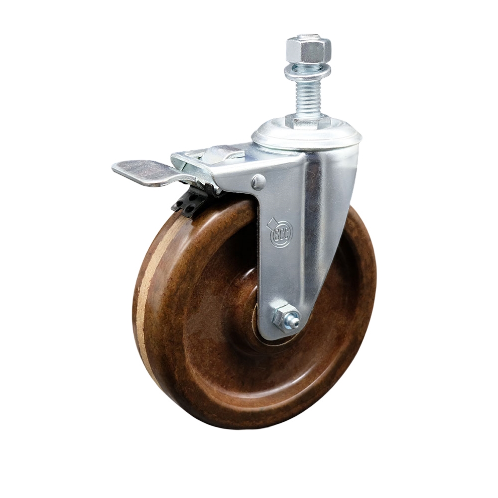 High Temperature Phenolic Swivel Threaded Stem Caster w/Roller Bearing - 6" x 1.5" Brown Wheel and 12MM Metric Stem & Total Locking Brake - 300 lbs Capacity/Caster - Service Caster Brand — photo 1