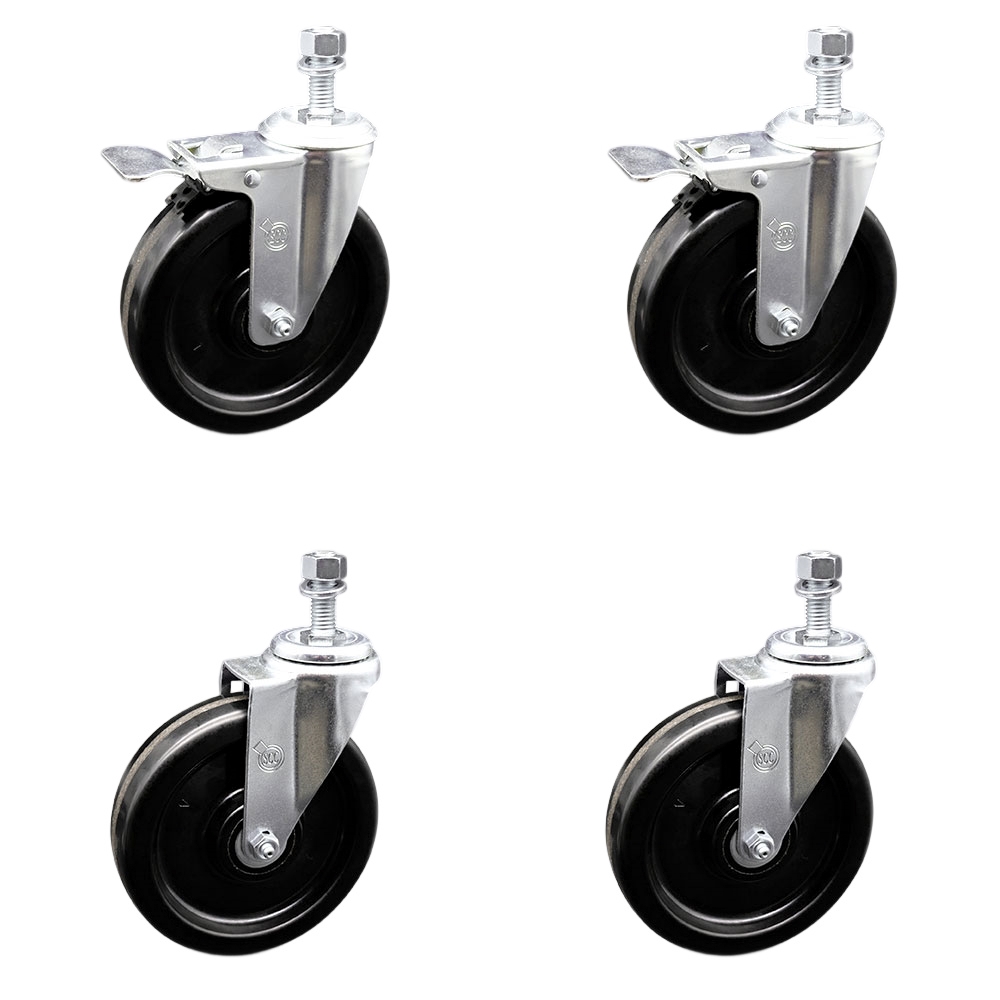 Phenolic Swivel Threaded Stem Caster Set of 4 w/6" X 1.5" Black Wheels and 1/2" Stems - Includes 2 with Total Locking Brake - 1200 lbs Total Capacity - Service Caster Brand — photo 1