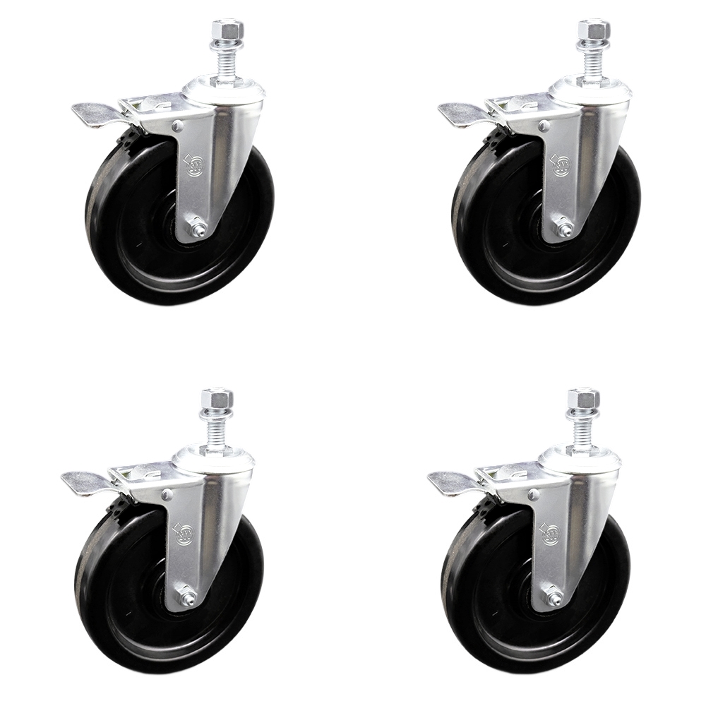 Phenolic Swivel Threaded Stem Caster Set of 4 w/6" x 1.5" Black Wheels and 1/2" Stems - Includes 4 with Total Lock Brakes - 1200 lbs Total Capacity - Service Caster Brand — photo 1