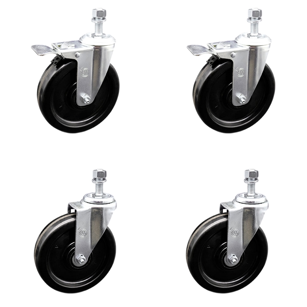 Phenolic Swivel Threaded Stem Caster Set of 4 w/6" X 1.5" Black Wheels and 3/8" Stems - Includes 2 with Total Locking Brake - 1200 lbs Total Capacity - Service Caster Brand — photo 1