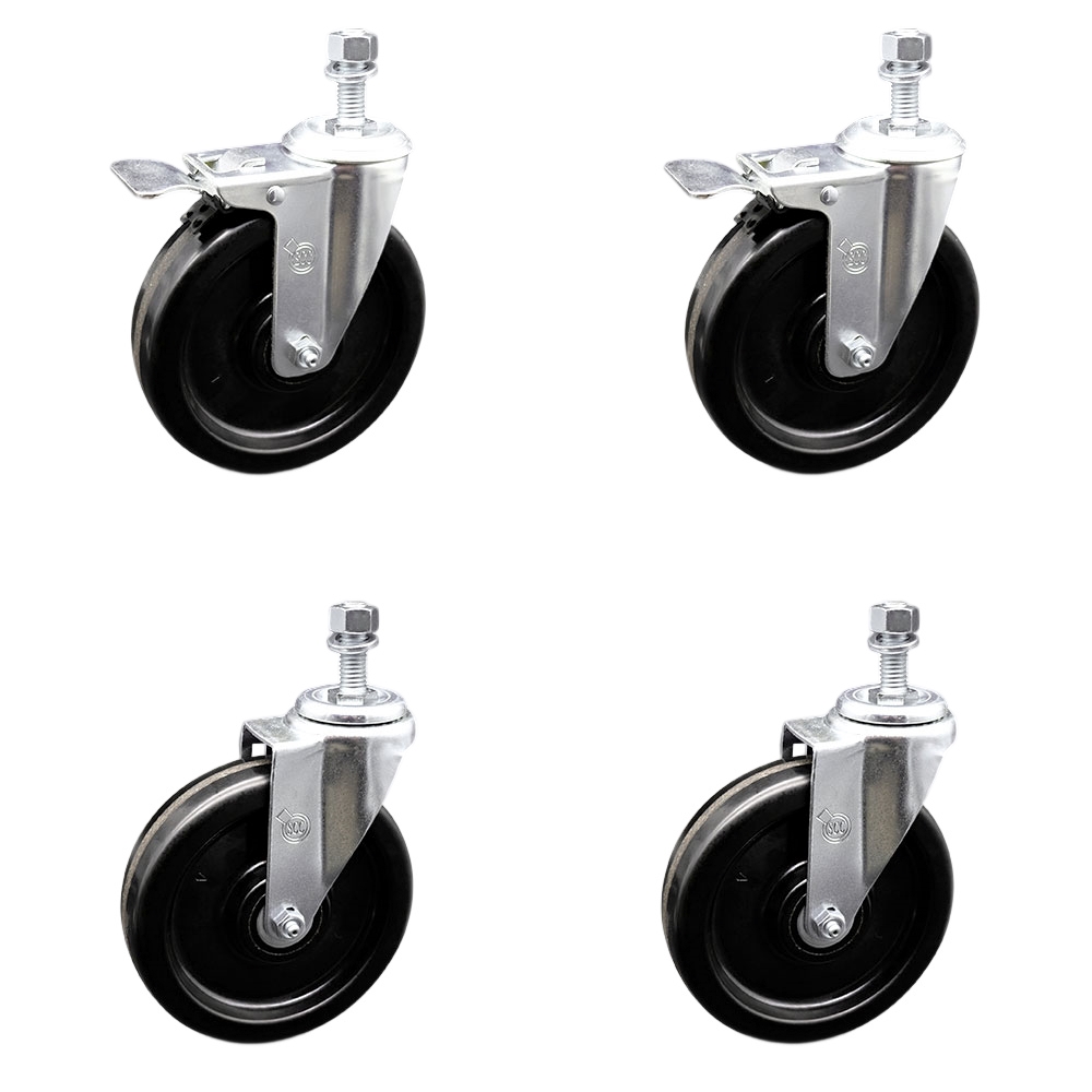 Phenolic Swivel Threaded Stem Caster Set of 4 w/6" X 1.5" Black Wheels and 10MM Stems - Includes 2 with Total Locking Brake - 1200 lbs Total Capacity - Service Caster Brand — photo 1