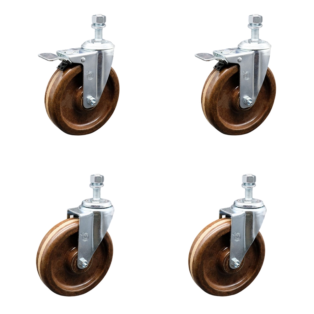 High Temperature Phenolic Swivel Threaded Stem Caster Set of 4 - 6" x 1.5" Brown Wheels and 1/2" Stems - Includes 2 with Total Locking Brake - 1200 lbs Total Capacity - Service Caster Brand — photo 1