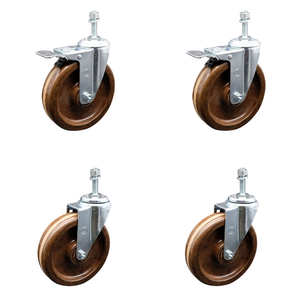 High Temperature Phenolic Swivel Threaded Stem Caster Set of 4 - 6" x 1.5" Brown Wheels and 3/8" Stems - Includes 2 with Total Locking Brake - 1200 lbs Total Capacity - Service Caster Brand — photo 1