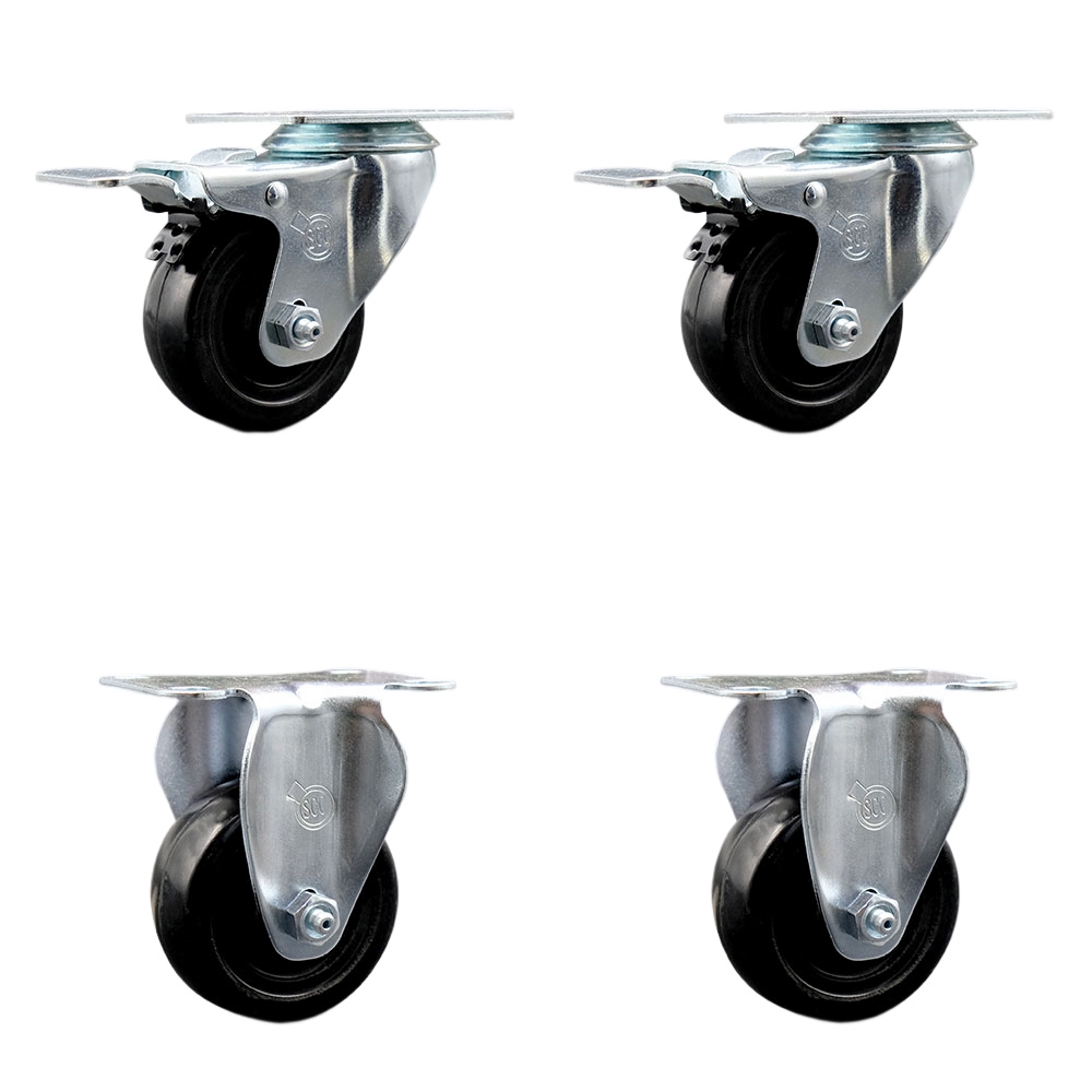 Hard Rubber Swivel Top Plate Caster Set of 4 with 3 Inch Black Wheels - Includes 2 Swivel with Total Locking Brakes and 2 Rigid - 1100 lbs. Total Capacity - Service Caster Brand — photo 1