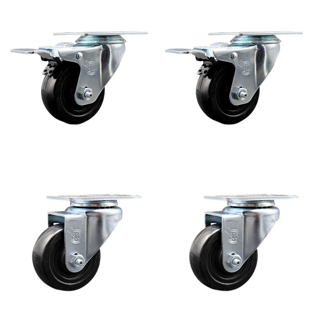 Hard Rubber Swivel Top Plate Caster Set of 4 with 3 Inch Black Wheels - Includes 2 Swivel with Total Locking Brakes and 2 Swivel - 1100 lbs. Total Capacity - Service Caster Brand — photo 1