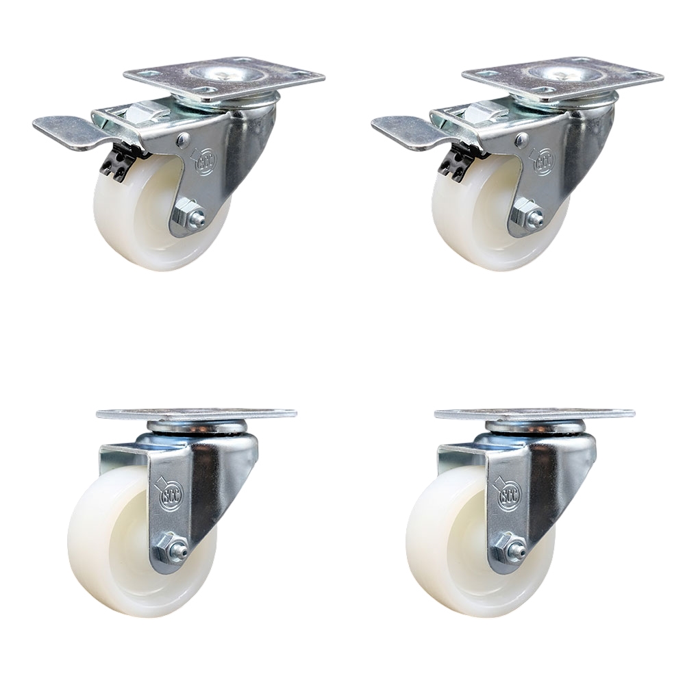 Nylon Swivel Top Plate Caster Set of 4 with 3 Inch White Wheels - Includes 2 Swivel with Total Locking Brakes and 2 Swivel - 1200 lbs. Total Capacity - Service Caster Brand — photo 1