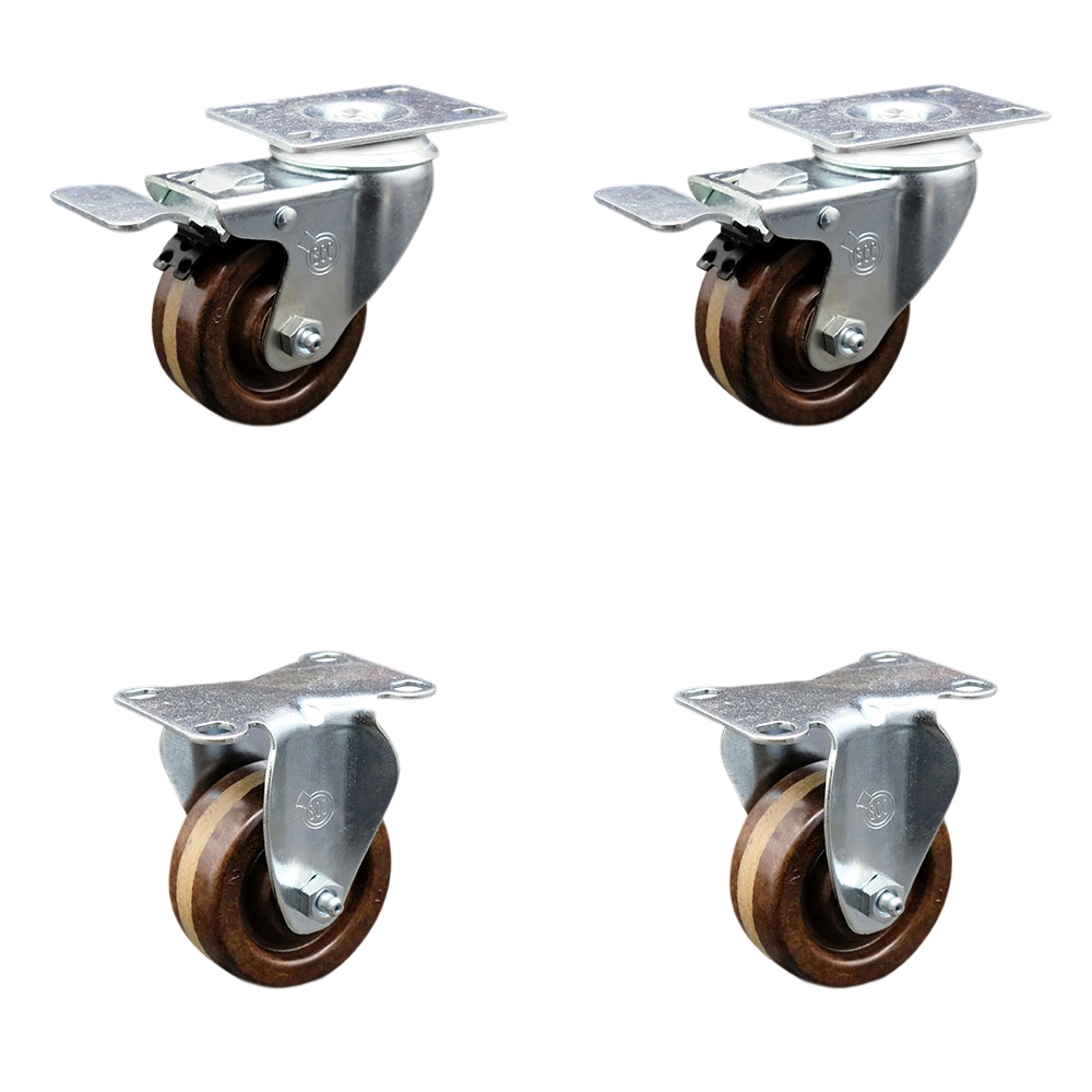 High Temperature Phenolic Swivel Top Plate Caster Set of 4 with Roller Bearings - 3 Inch Wheels - Include 2 Swivel with Total Locking Brakes and 2 Rigid-1200 lbs. Total Capacity - Service Caster Brand — photo 1