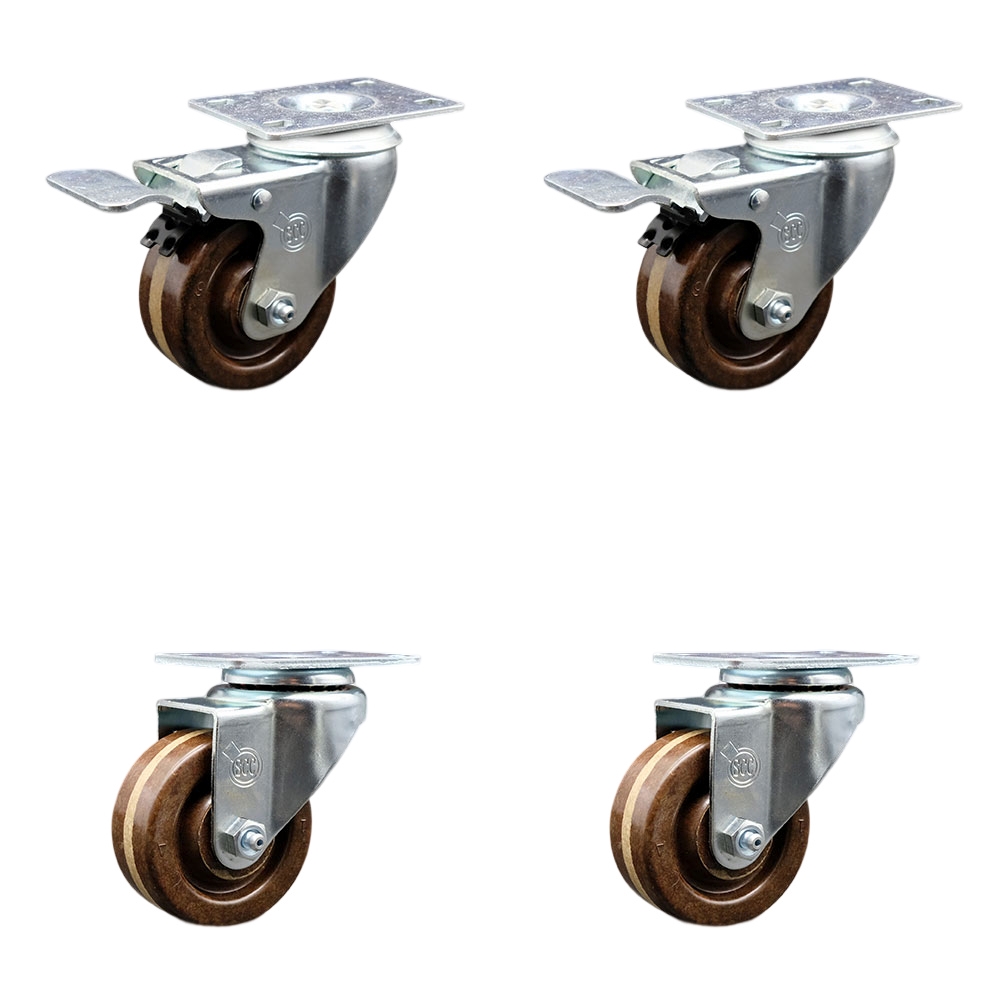 High Temperature Phenolic Swivel Top Plate Caster Set of 4 with Roller Bearings - 3 Inch Wheel - Include 2 Swivel with Total Locking Brakes and 2 Swivel-1200 lbs. Total Capacity - Service Caster Brand — photo 1