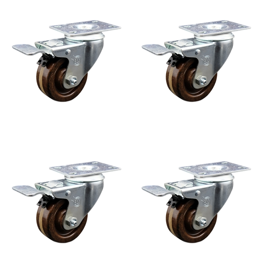 High Temperature Phenolic Swivel Top Plate Caster Set of 4 with Roller Bearings-3 Inch Wheels-Includes 4 Swivel with Total Lock Brakes-1200 lbs. Total Capacity - Service Caster Brand — photo 1