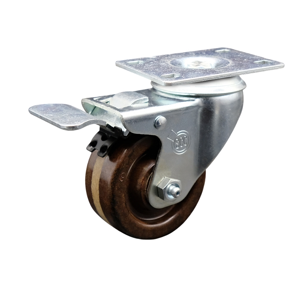 High Temperature Phenolic Swivel Top Plate Caster with Roller Bearing - 3 Inch Brown Wheel and Total Locking Brake - 300 lbs. Capacity Per Caster - Service Caster Brand — photo 1
