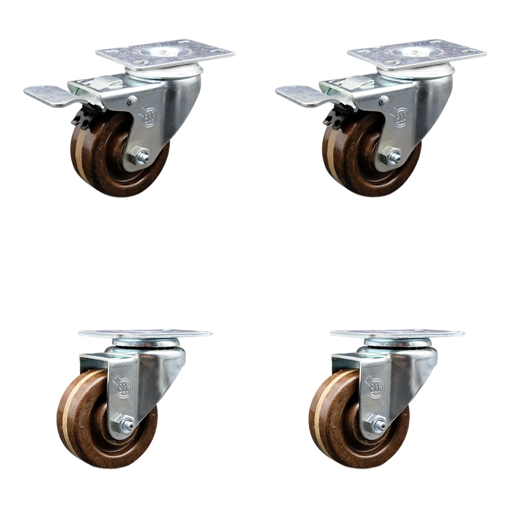 High Temperature Phenolic Swivel Top Plate Caster Set of 4 with 3 Inch Wheels - Includes 2 Swivel with Total Locking Brakes and 2 Swivel-1200 lbs. Total Capacity - Service Caster Brand — photo 1