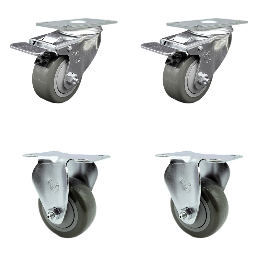 Polyurethane Swivel Top Plate Caster Set of 4 with 3 Inch Gray Wheels - Includes 2 Swivel with Total Locking Brakes and 2 Rigid - 1200 lbs. Total Capacity - Service Caster Brand — photo 1