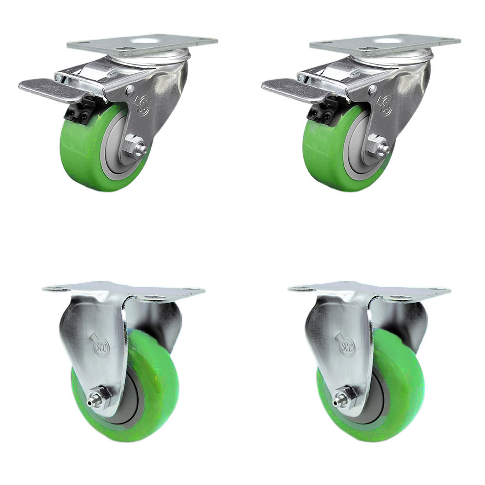 Polyurethane Swivel Top Plate Caster Set of 4 with 3 Inch Green Wheels - Includes 2 Swivel with Total Locking Brakes and 2 Rigid - 1200 lbs. Total Capacity - Service Caster Brand — photo 1