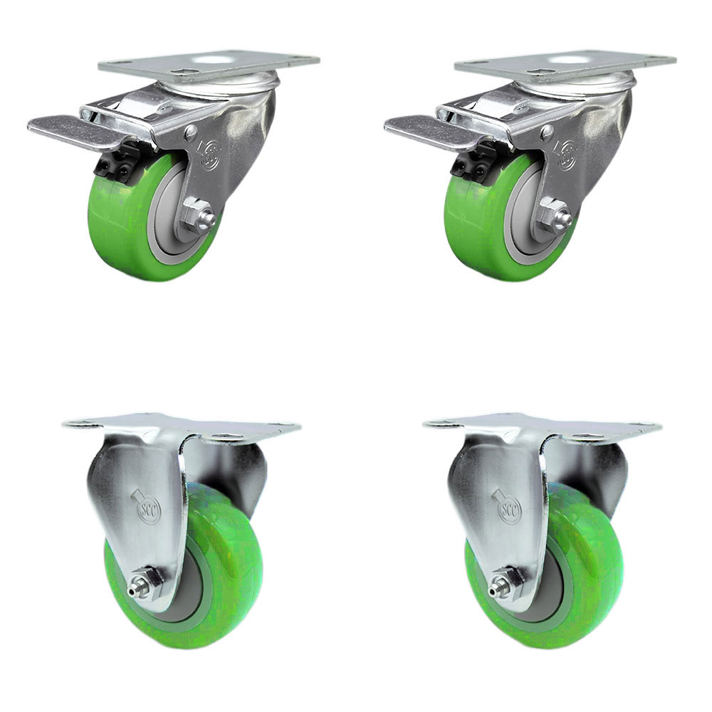 Stainless Steel Polyurethane Top Plate Caster Set of 4 w/3" x 1.25" Green Wheels - 2 Swivel Casters w/Total Locking Brake & 2 Rigid - 1200 lbs Capacity/Caster - Service Caster Brand — photo 1