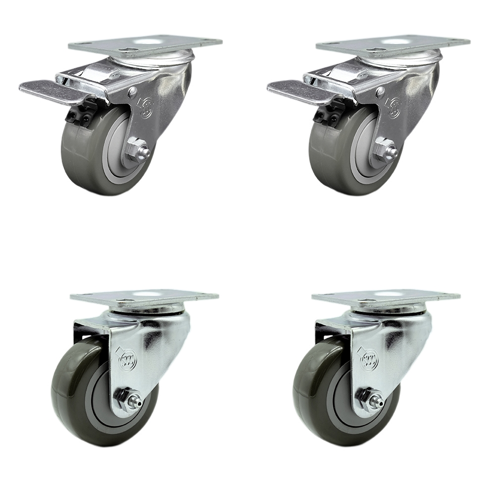 Stainless Steel Polyurethane Swivel Top Plate Caster Set of 4 w/3" x 1.25"  Gray Wheels - Includes 2 with Total Locking Brakes - 1200 lbs Total Capacity - Service Caster Brand — photo 1