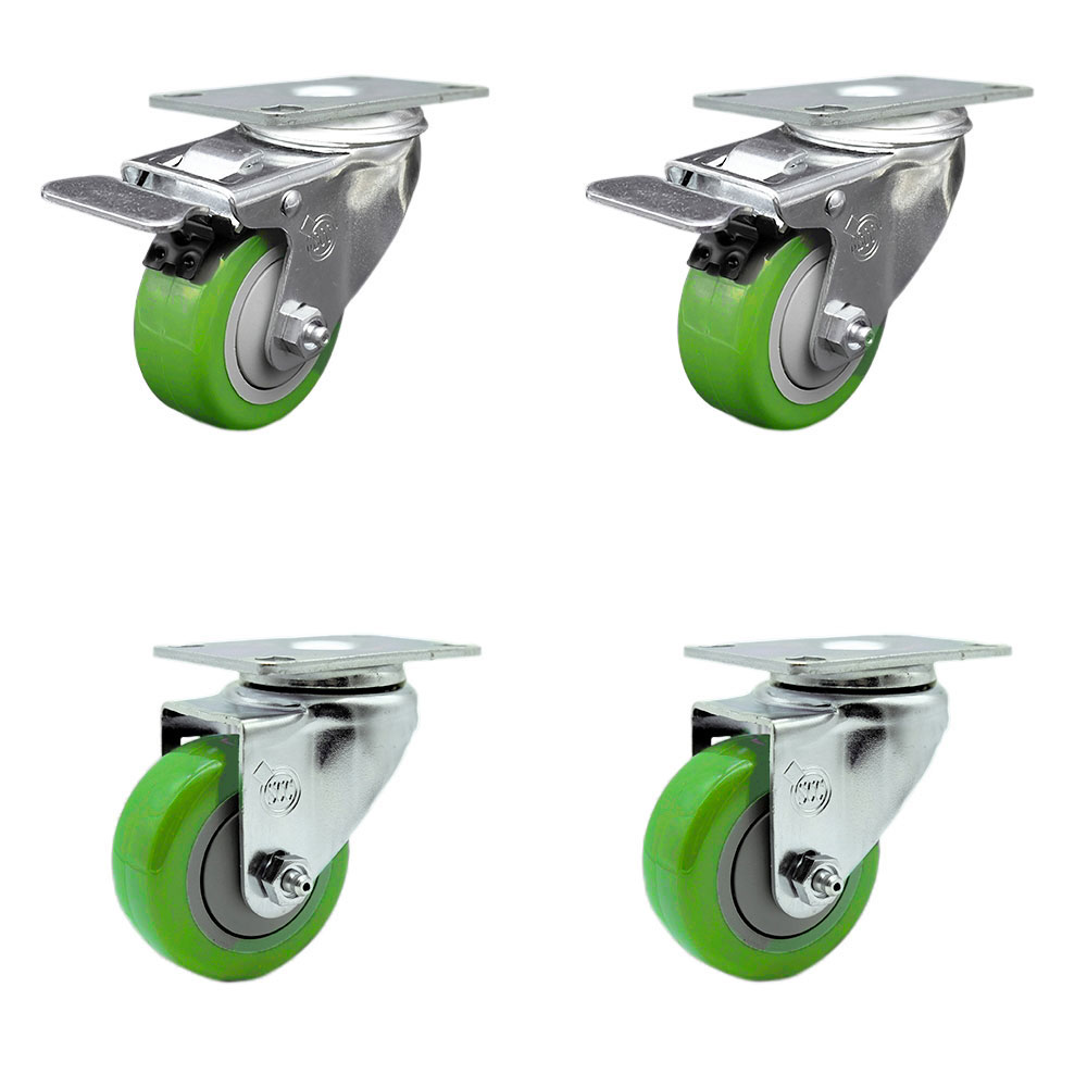 Polyurethane Swivel Top Plate Caster Set of 4 with 3 Inch Green Wheels - Includes 2 Swivel with Total Locking Brakes and 2 Swivel - 1200 lbs. Total Capacity - Service Caster Brand — photo 1