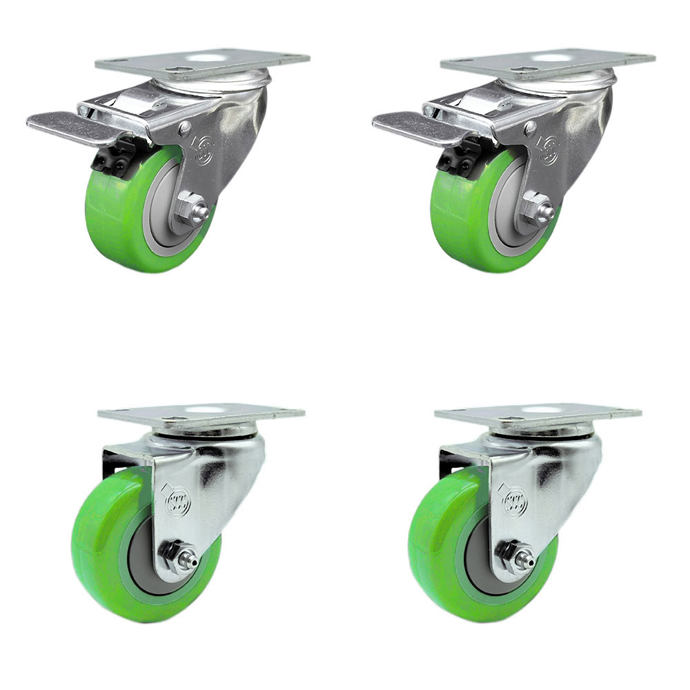 Stainless Steel Polyurethane Swivel Top Plate Caster Set of 4 w/3" x 1.25"  Green Wheels - Includes 2 with Total Locking Brakes - 1200 lbs Total Capacity - Service Caster Brand — photo 1